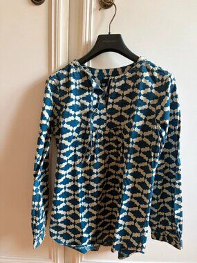 Blue & White Abstract Print Long Sleeve Blouse  Women’s XS